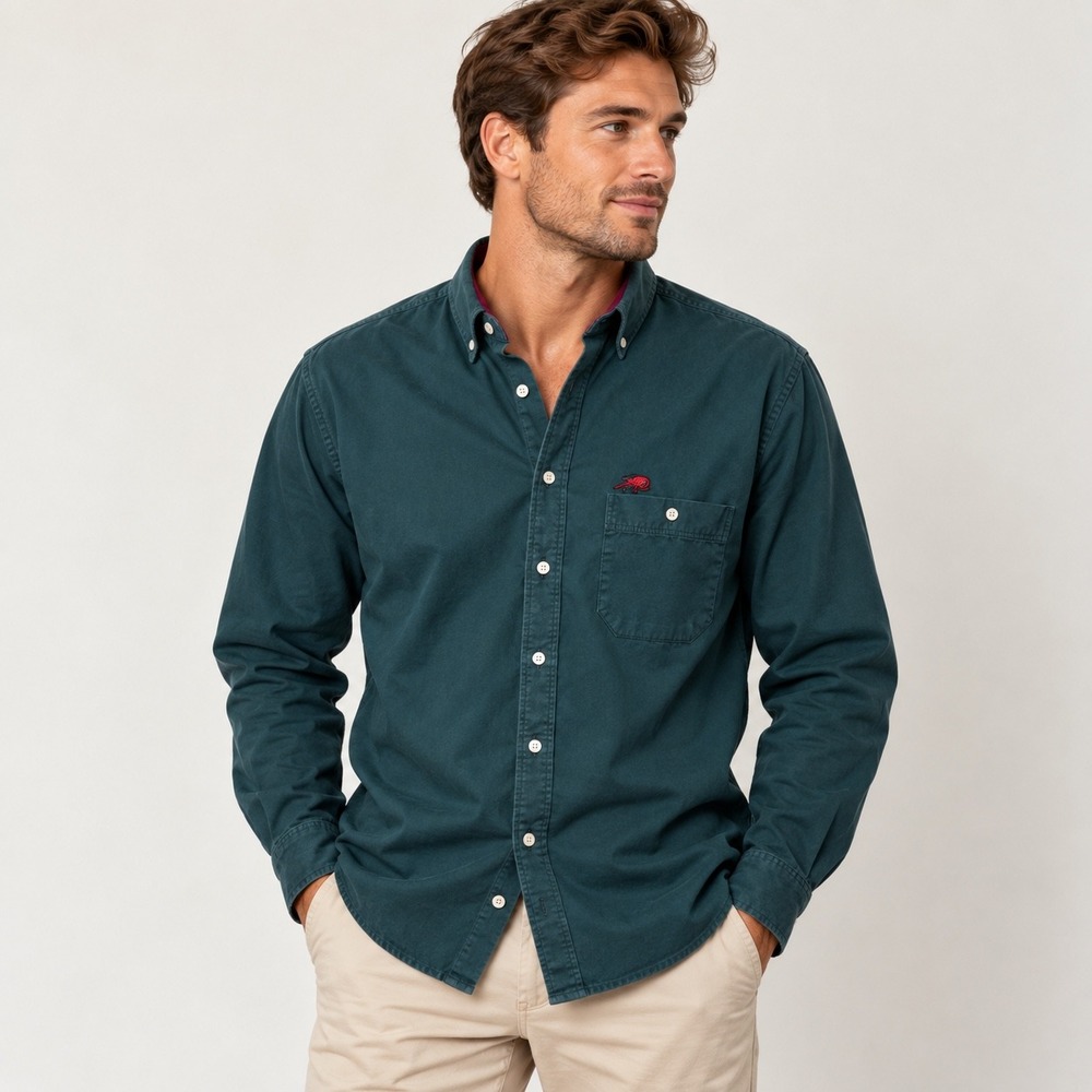 Perlis Mens XL Button Down Shirt Green Cotton Made in USA Crawfish Logo Long Slv